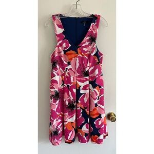 Trina Turk Floral V Neck Tank Midi Dress Pockets Back Zip Fit Flare, Size 8